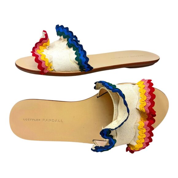 Loeffler Randal Birdie Natural Canvas Ric Rac Ruffle Slides - Picture 1 of 11